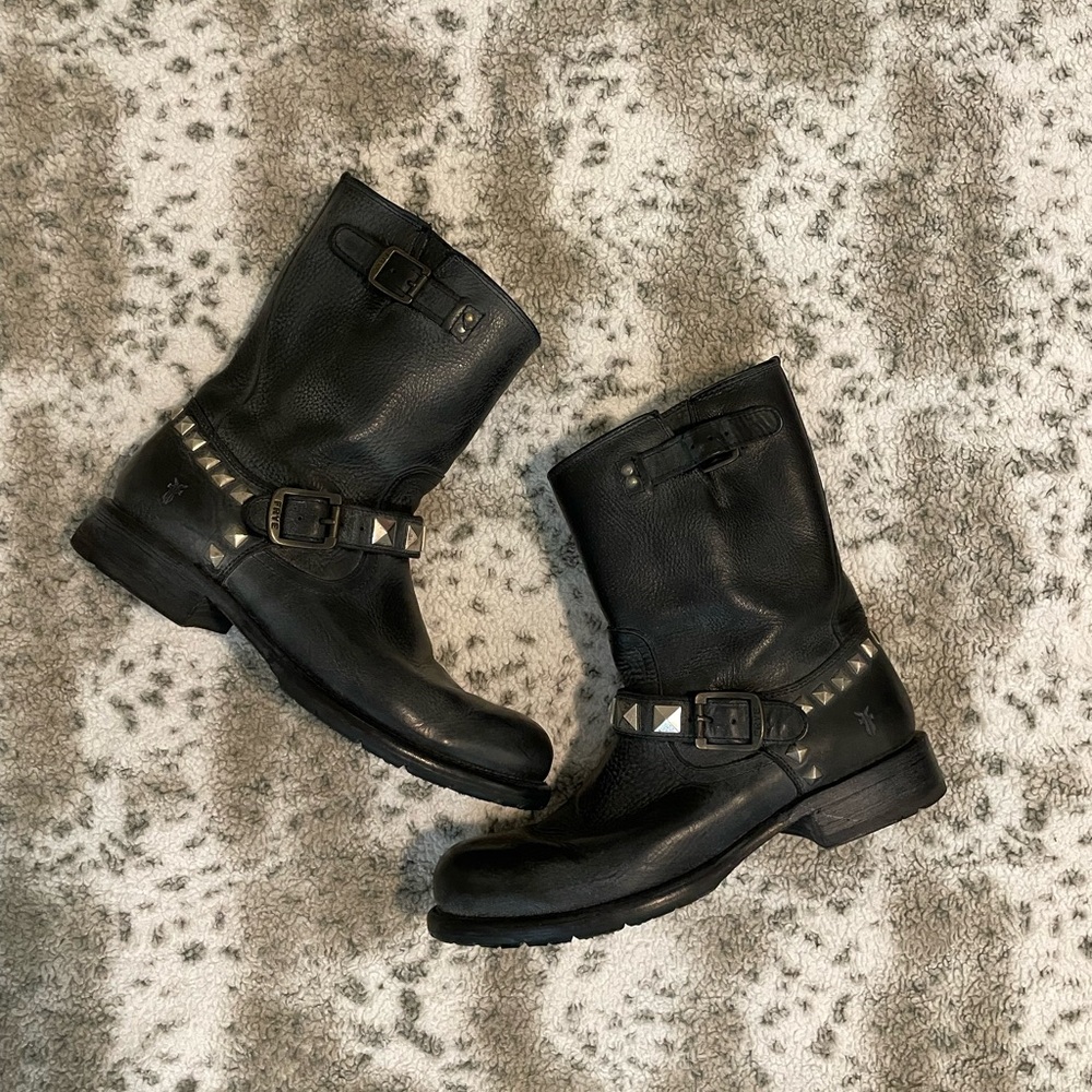 Frye Black Leather Studded Boots